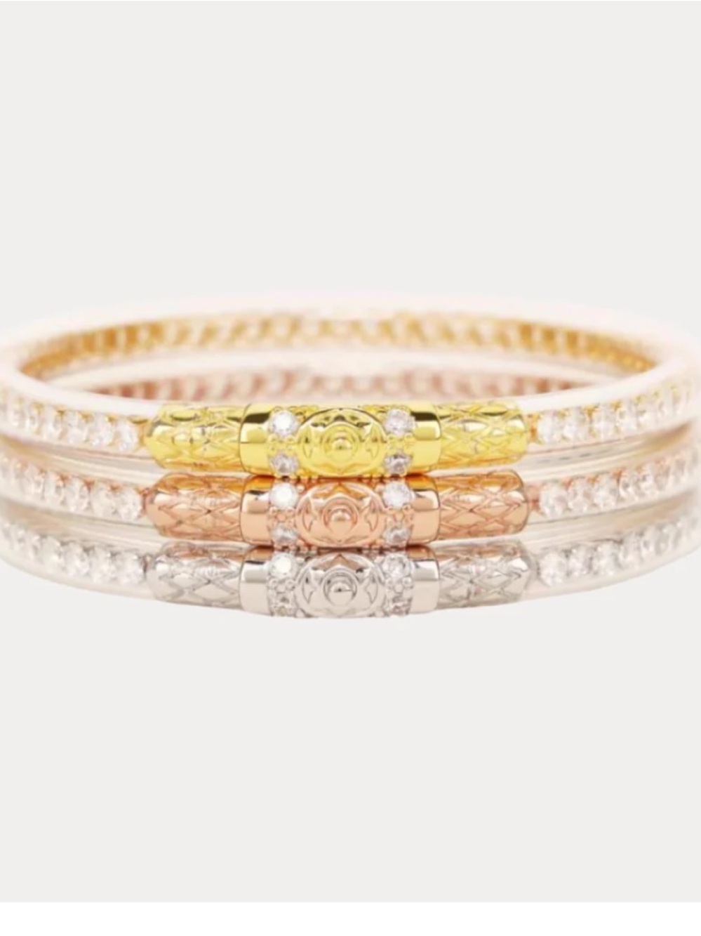 Budhagirl Stackable Floral Three-Tone Bangle Set — Gold, Rose Gold & Silver